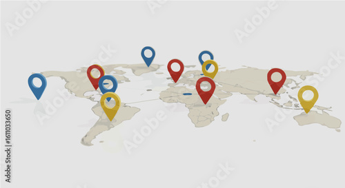 World map with colorful location markers showing global presence or expansion