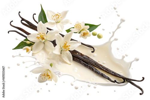 Vanilla beans and flowers splashing into milk isolated on transparent background
