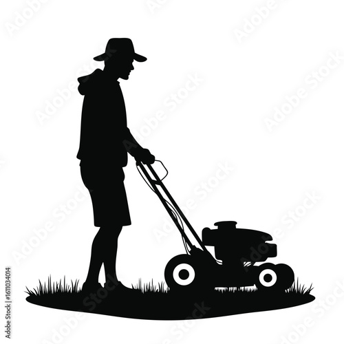 Man mowing lawn wearing hat and shorts grass machine