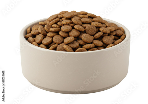 A close-up view of a bowl filled with dry pet food, set against a plain background