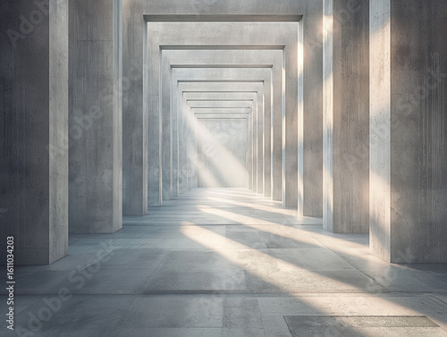 portrays a striking industrial-style architectural scene dominated by concrete structures. It features a corridor-like space with tall, rectangular cement columns