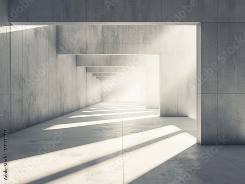 portrays a striking industrial-style architectural scene dominated by concrete structures. It features a corridor-like space with tall, rectangular cement columns