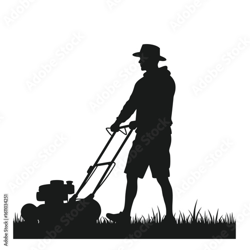 Man mowing lawn wearing hat and shorts silhouette grass