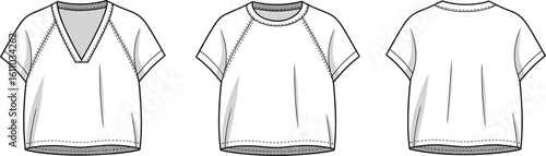 CAD drawing flat vector illustration of women’s tops, V-neck and round neck styles, front and back views, fashion sketch template, sewing pattern, stylish garment layout
