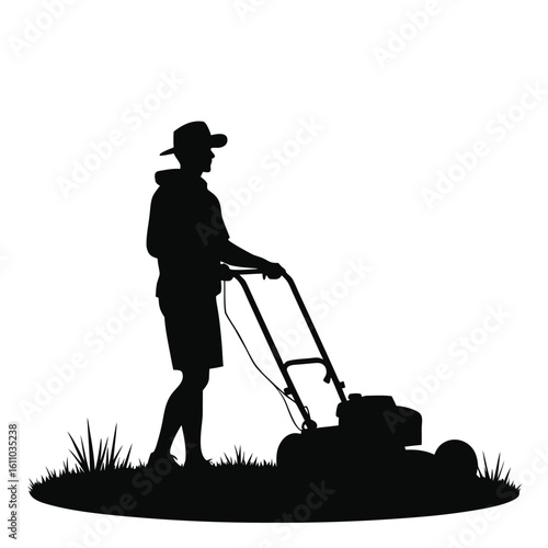 Person mowing grass with a lawnmower silhouette