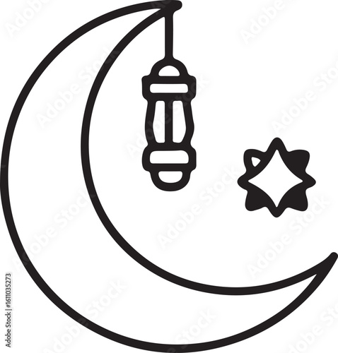 Crescent moon with hanging lantern and star  style vector illustration EPS file download	