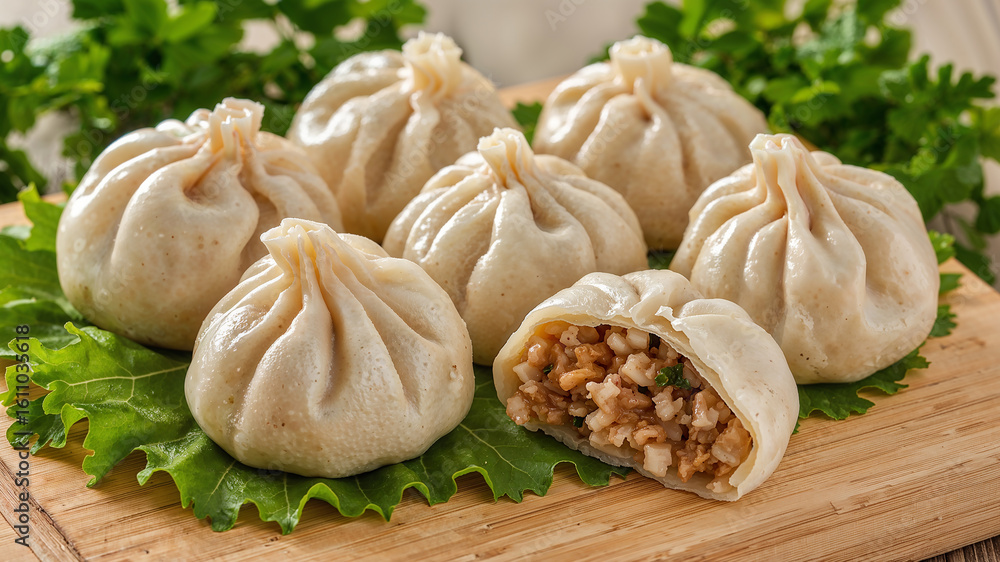 Fototapeta premium Delicious dumplings served on a wooden platter with greens
