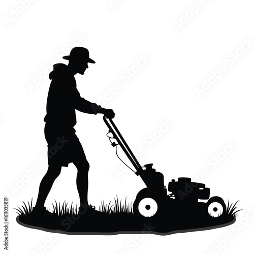 Person mowing grass with lawnmower silhouette male
