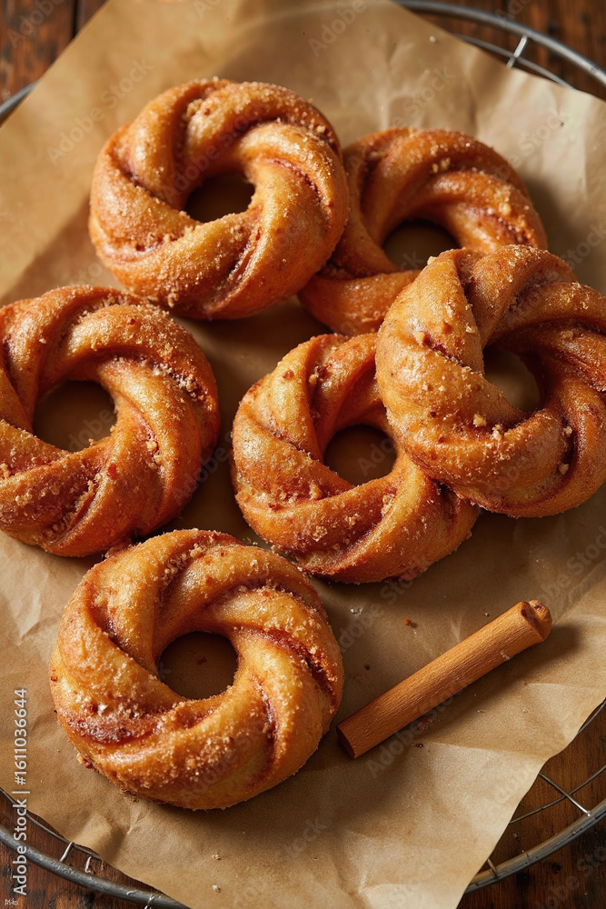 A tempting pile of warm, golden-brown cinnamon sugar crullers, their twisted shapes perfect for catching a sweet glaze, making an irresistible breakfast treat.
A tempting pile of warm, golden-brown cinnamon sugar crullers, their twisted shapes perfect for catching a sweet glaze, making an irresistible breakfast treat.