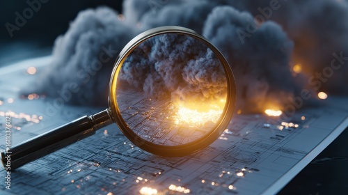 Magnifying Glass Over Map With Smoke And Fire Representing Investigation Of A Catastrophic Event