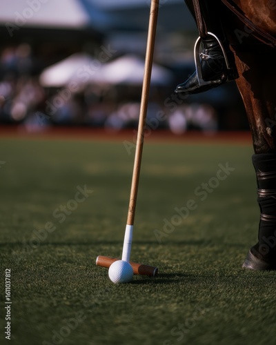 Polo Mallet Positioned Over a White Ball on Lush Green Grass Before the Start of an Equestrian Match