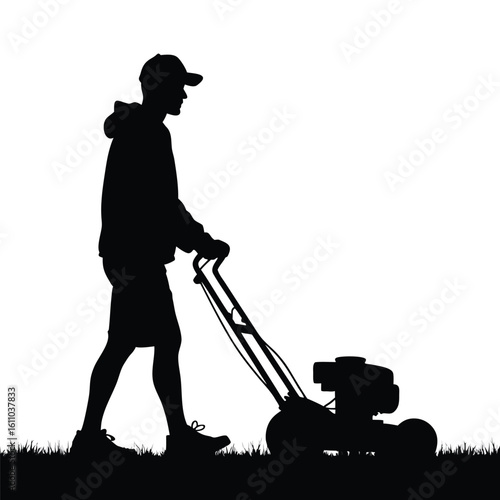 Person pushing lawnmower on grass silhouette