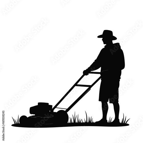 Silhouette man mowing grass with lawnmower person