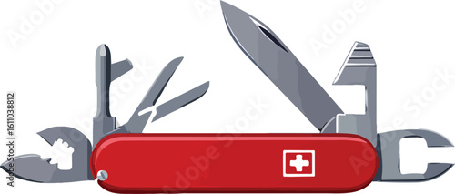 Red multi tool with silver blades and white cross emblem knife  style vector illustration EPS file download	