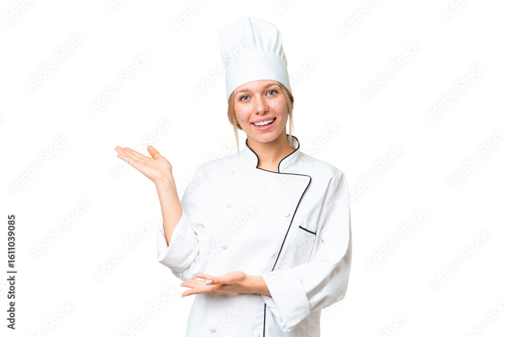 Young chef woman over isolated chroma key background extending hands to the side for inviting to come Young chef woman over isolated chroma key background extending hands to the side for inviting to come