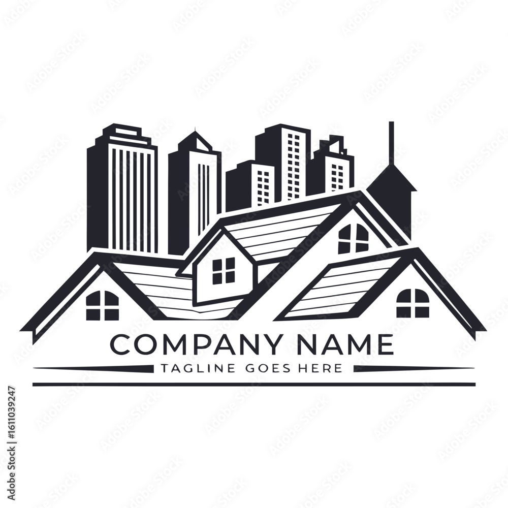 Obraz premium Dense Urban Real Estate Logo Vector - Monochromatic Layered Housing, Detailed City Skyline, and Corporate Property Branding