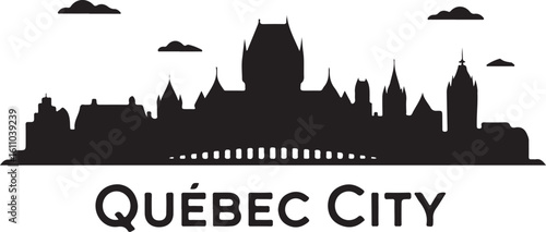 Black skyline vector of Quebec City, includes Château Frontenac, Old Town buildings, Canadian historical skyline in flat style