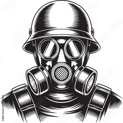 Retro Engraving Vector Icon – Soldier with Gas Mask and Helmet in Battle-Ready Pose