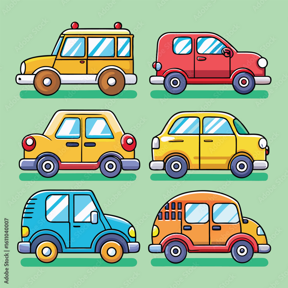 Naklejka premium Vector set of car, auto, truck, bus, and taxi transport vehicle icons and silhouettes for design and illustration