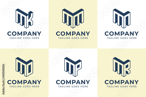 Letters MK MM MN MO MP MR 3D Monogram Logo, for KM MM NM OM PM RM initials