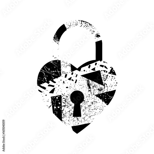 Vector Abstract heart-shaped lock with shattered effect.