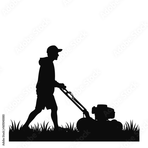 Silhouette of man mowing lawn with grass vector