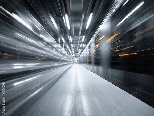 Abstract image of blurred lights in a modern space. Evokes themes of speed, technology, data, and future. Perfect for backgrounds, technology articles, or creative designs.