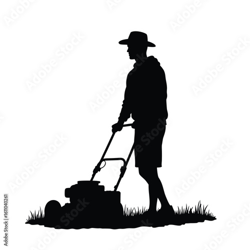 Silhouette of man wearing hat mowing lawn person