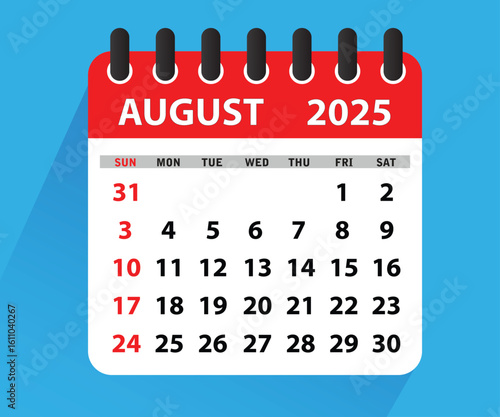 August 2025 Calendar Leaf. Calendar 2025 in flat style. August 2025 Calendar. Week starts on Sunday. Blank Calendar Template. Stationery Design. Vector Illustration