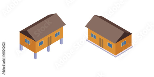 Isometric Comparison of Elevated and Non-Elevated Houses, Traditional and Modern Rural House Models in Isometric Style