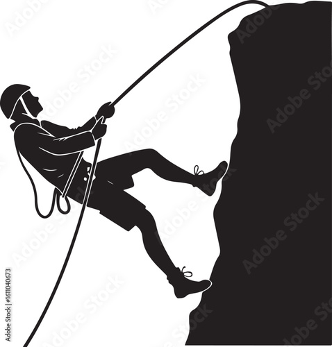Silhouette illustration of a rock climber rappelling down a cliff with a rope