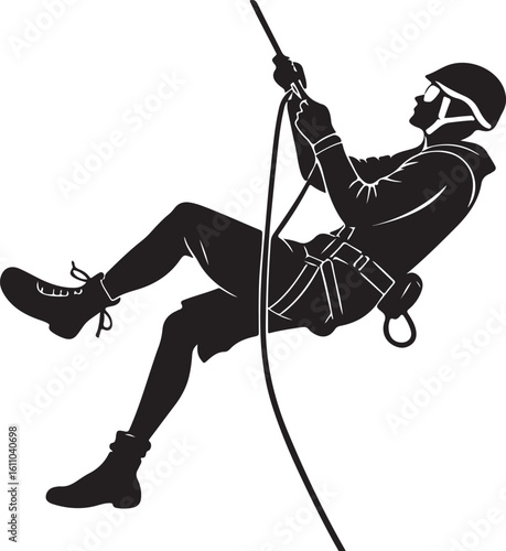 Silhouette of a climber rappelling down a rope wearing protective helmet and gear