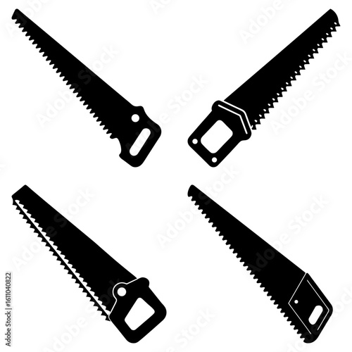 Four black silhouette illustrations of hand saws with different handle designs on a white background