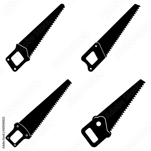 Illustration of four hand saws with black blades and handles arranged in a square pattern on white background