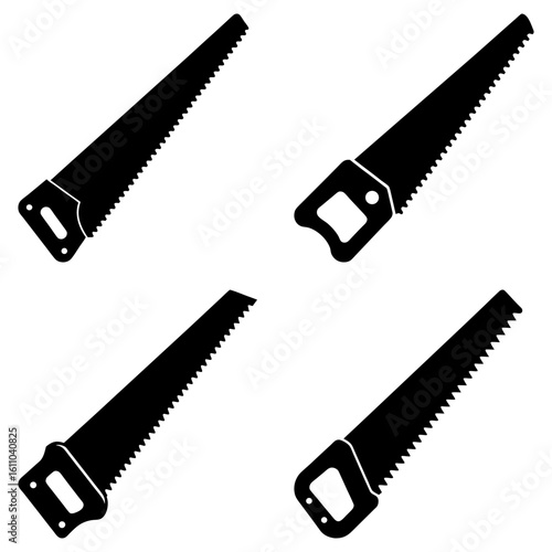 Illustration showing four black silhouette hand saws with handles and toothed blades design tool work