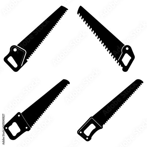 Illustration showcasing four black hand saws oriented in different directions on a white background