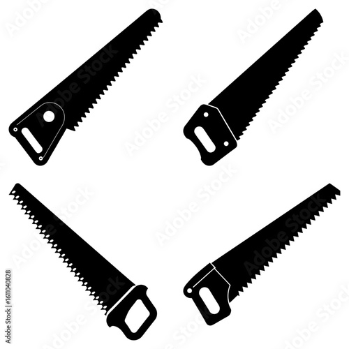 Four black and white hand saws arranged on a white background in a symmetrical pattern showing handles