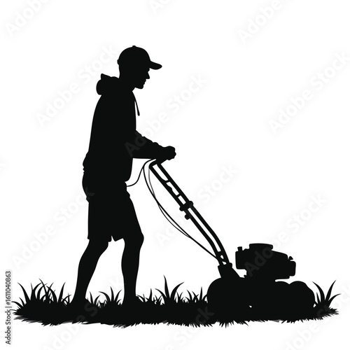 Silhouette of person mowing grass with lawnmower vector