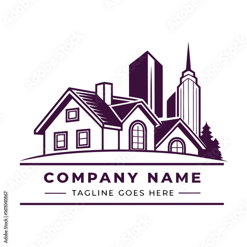 Detailed Real Estate Logo Vector with Suburban Houses and City Skyline - Monochromatic Property Management, Housing, and Violet Branding