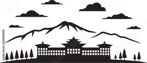 Black Skyline Vector of Thimphu Includes Tashichho Dzong and Himalayan Silhouette Bhutan Capital in Flat Vector Style