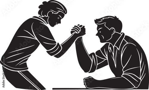 Arm wrestling competition between two people silhouette illustration showing strength and determination