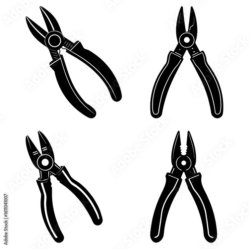 Illustration of four black and white pliers in different orientations on a white background image view