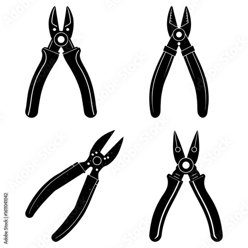 Illustration showing four different styles of black pliers arranged on a white plain background