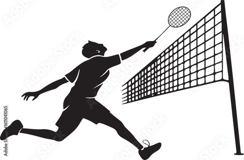 Silhouette illustration of a badminton player reaching for the shuttlecock during a match