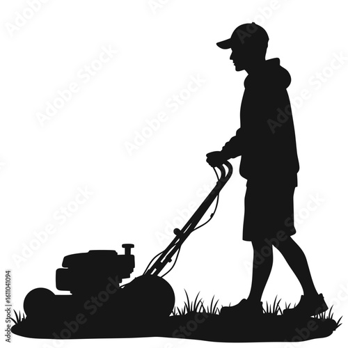 Silhouette of person mowing grass with lawnmower vector