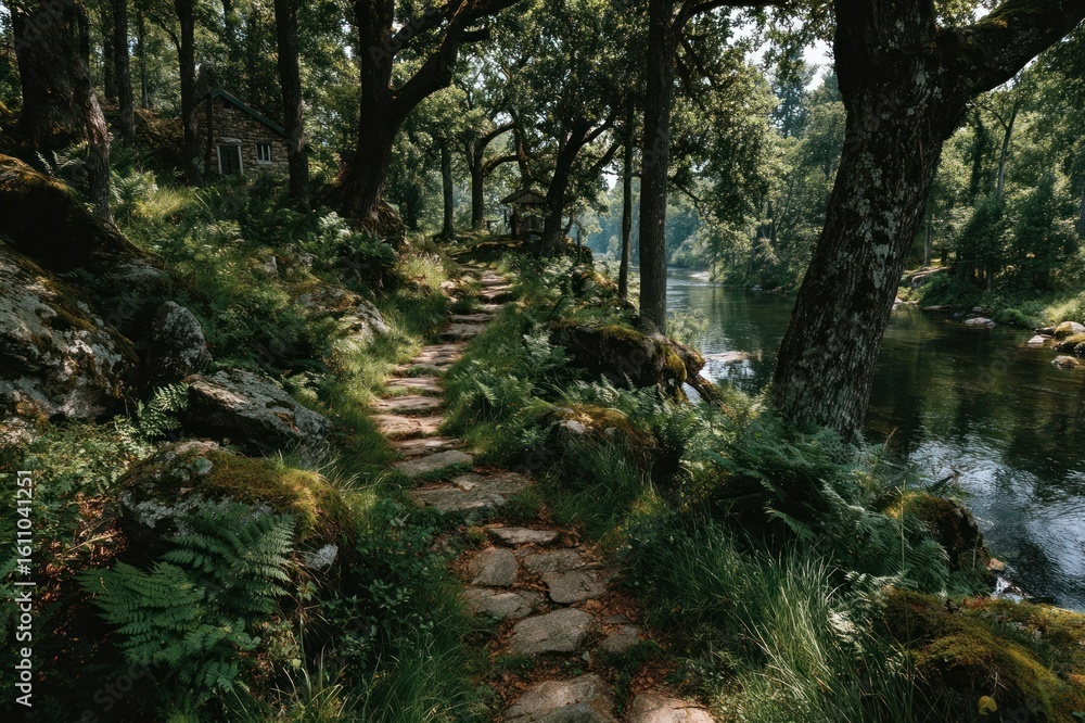 Obraz premium Nature trail walk in wildlife terrain, surrounded by foliage