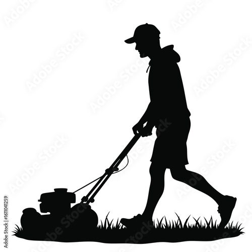 Silhouette of person mowing lawn on grass vector