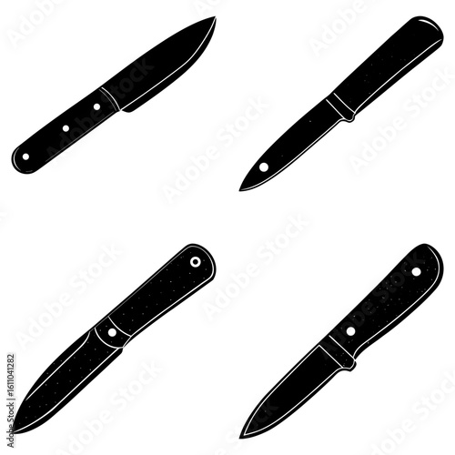 Illustration of four stylized black knives with varying handle and blade designs on a white background