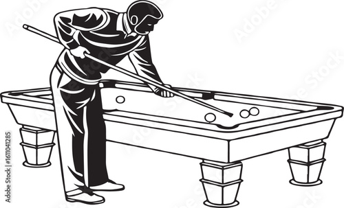 Silhouette of a professional billiards player aiming a shot on the pool table