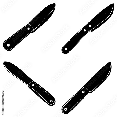 Four black and white knives with handles arranged in a square on a white background graphic design